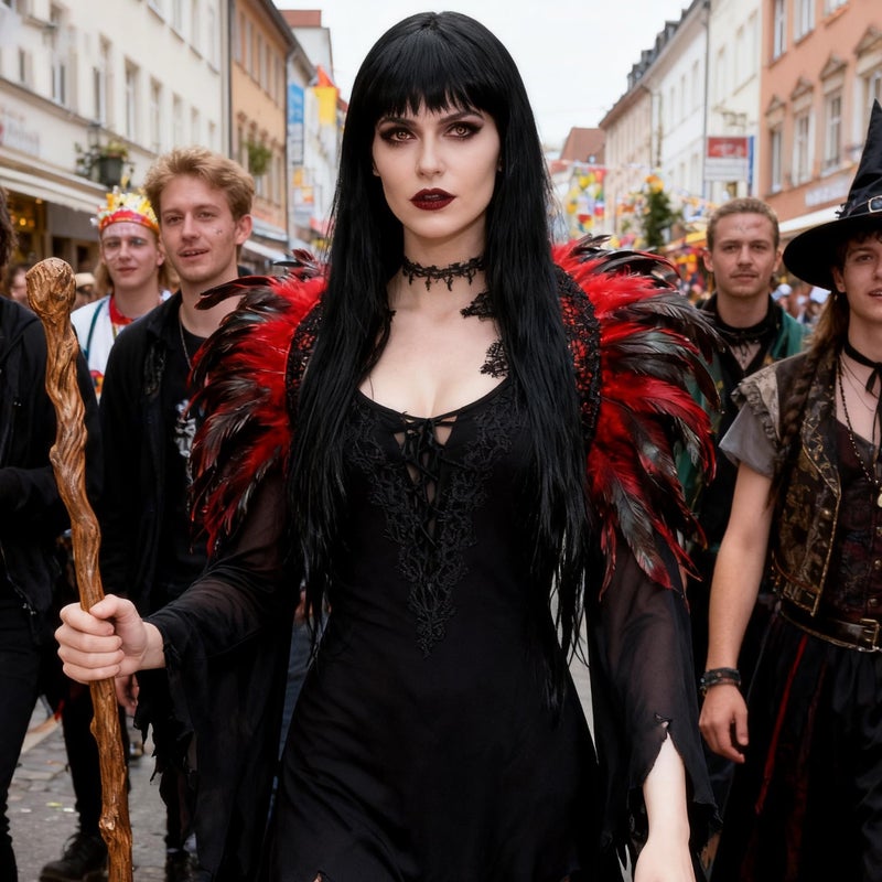 L'VOW Black Crow Feather Cape Shawl Stand Up Collar Halloween Devil Wings Witch Costume (Red) - Image 4